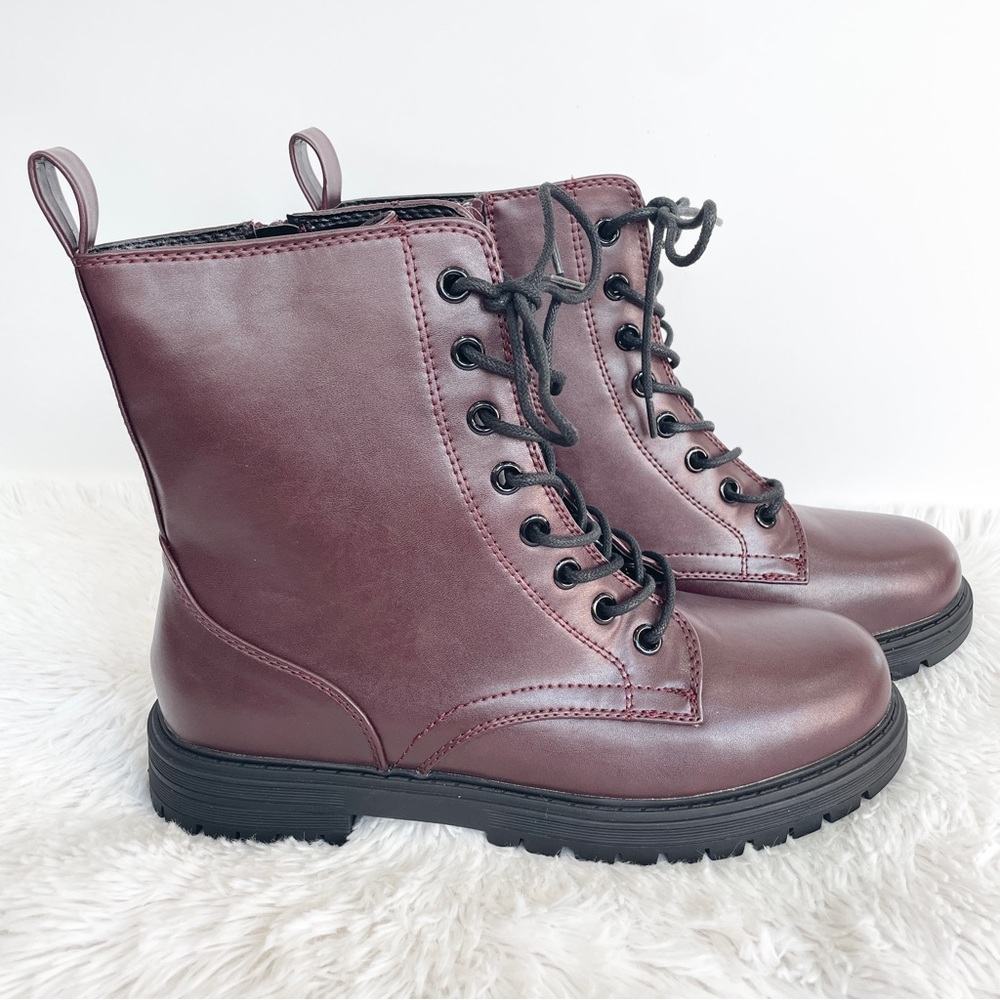 9.5 SO Burgundy faux leather, vegan combat / moto boots